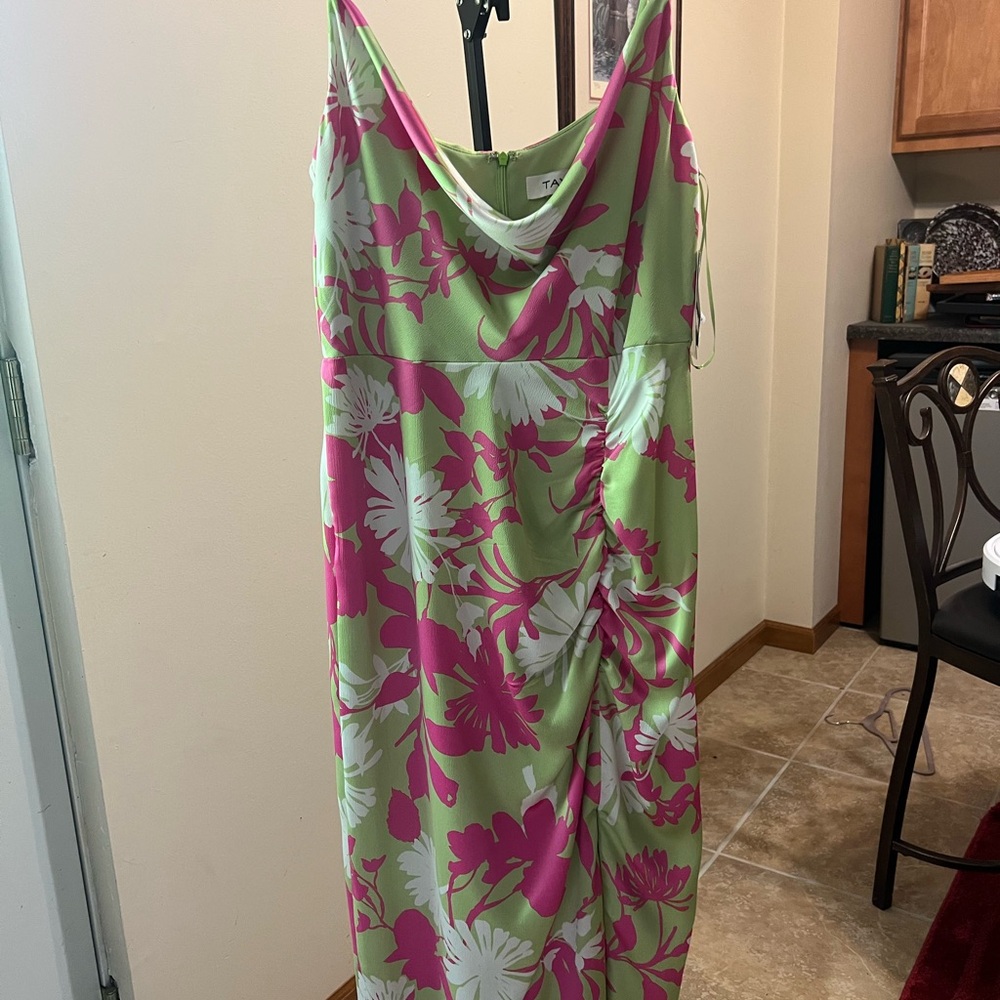 Taylor Lime Green and Hot Pink Floral Cowl-Neck Midi Dress